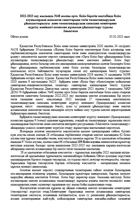 Тамақтандыру сапасына мониторинг жүргізу жұмысының жарты жылдық есебі