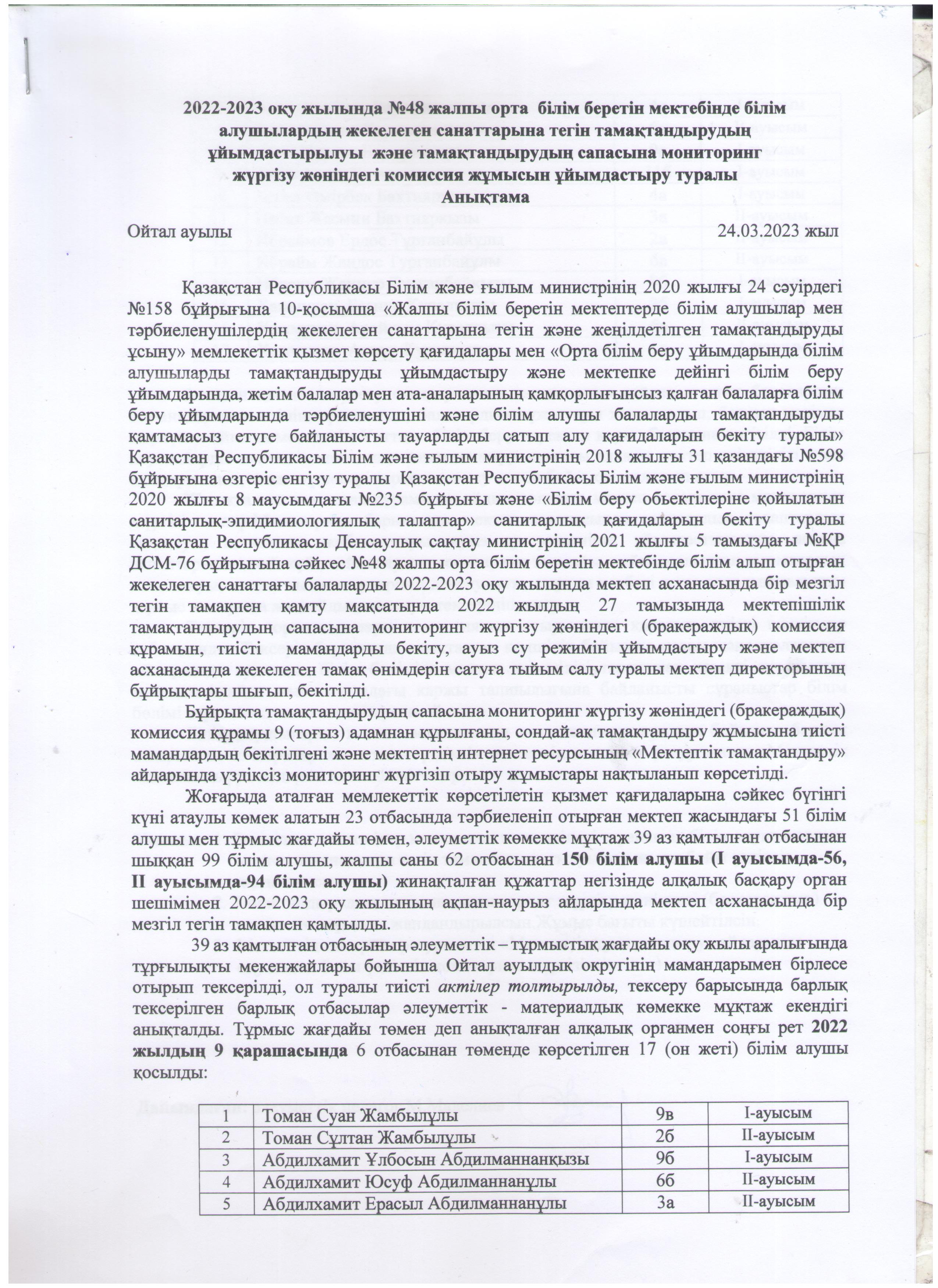 Тамақтандыру сапасына мониторинг жүргізу анықтамасы