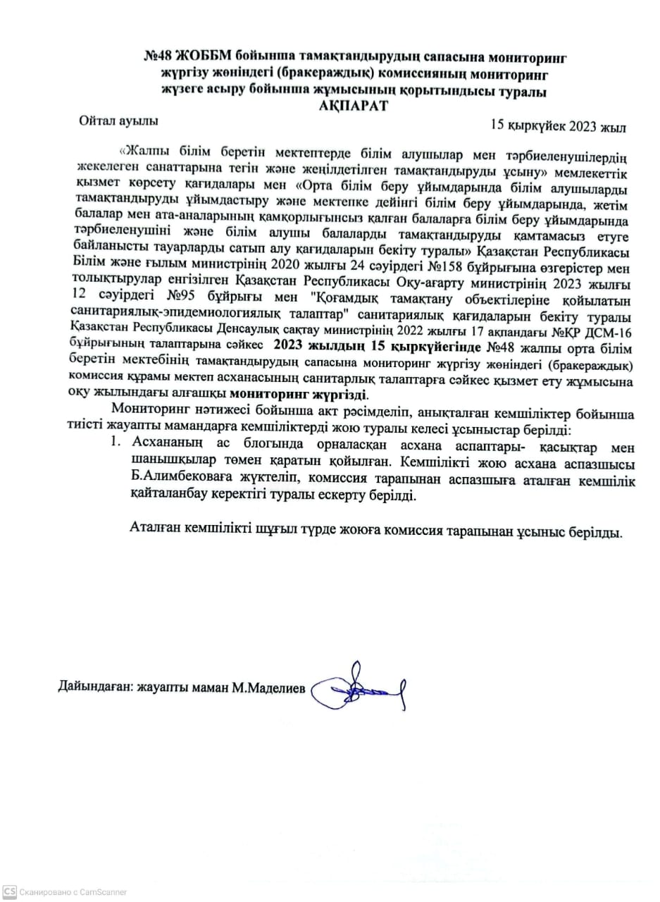 Тамақтандырудың сапасына мониторинг жүргізу жөніндегі (бракераждық)комиссиясының мониторинг жүзеге асыру бойынша жұмысының қорытындысы