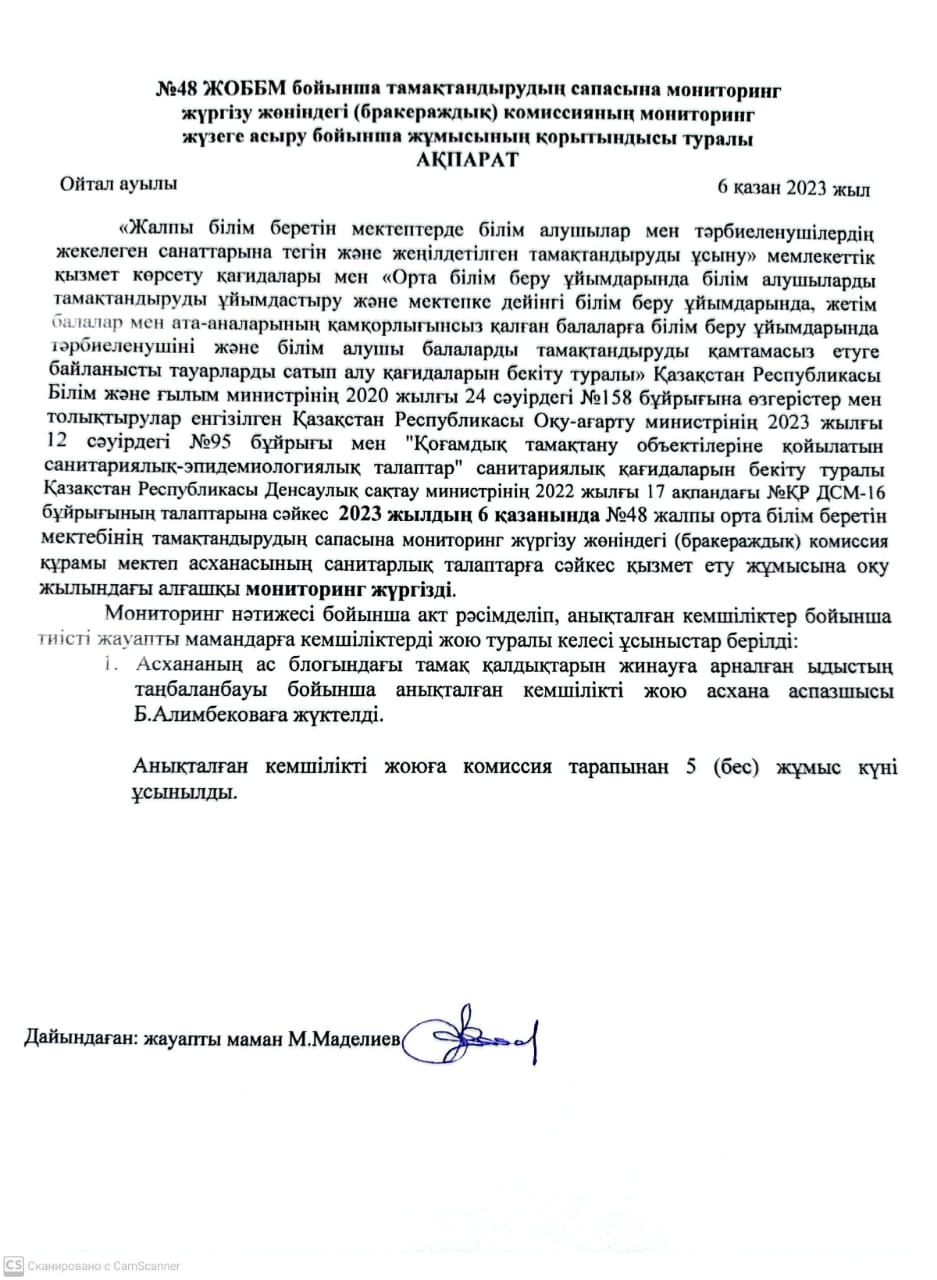 Тамақтандырудың сапасына мониторинг жүргізу жөніндегі (бракераждық)комиссиясының мониторинг жүзеге асыру бойынша жұмысының қорытындысы