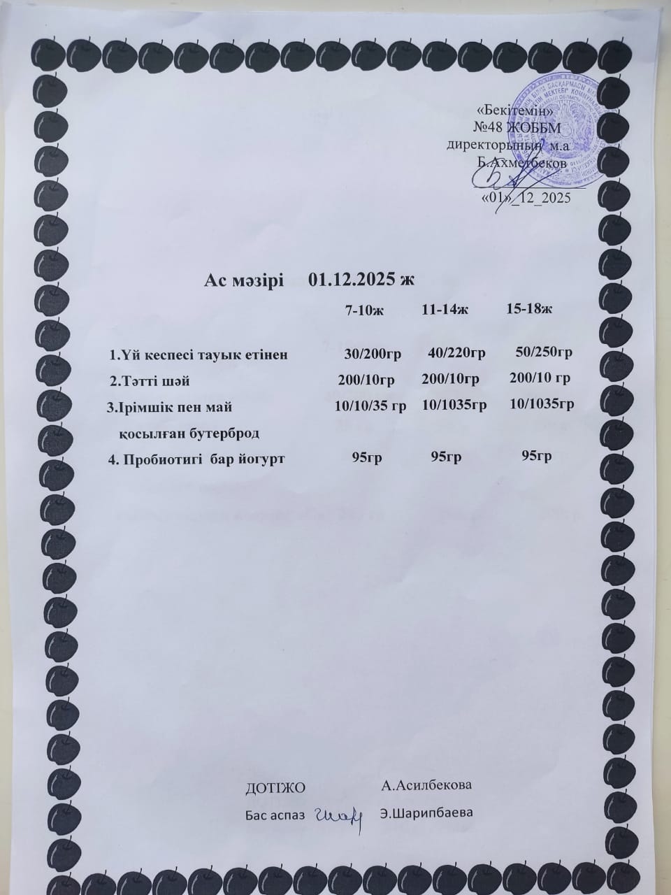Ас мәзірі 1-5 желтоқсан аралығы